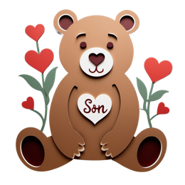 Cute brown bear with white heart and 'Son' text surrounded by red heart flowers in layered paper style