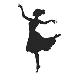 Black ballet dancer silhouette on cream background showing graceful pose with raised arms and lifted leg