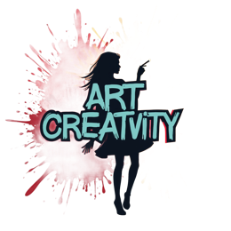 Silhouette of a woman with paintbrush and bright orange red yellow paint splatter background with bold ART CREATIVITY text