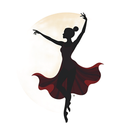 Silhouette of a graceful ballet dancer in a red flowing skirt with a soft circular background