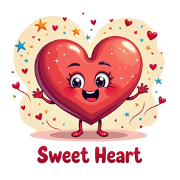 Animated cartoon heart character with happy face, waving arm, colorful stars, and sweet heart text in bright colors