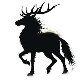 Minimalist black deer silhouette with large antlers against a warm sunset mountain background