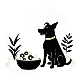 Minimalist black dog sitting by a green dog bowl with greenery background SVG design