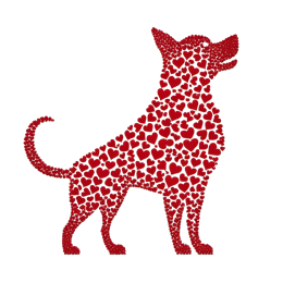 Dog silhouette made of red hearts forming a loving pet art design