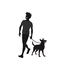 Black silhouette of a man walking a happy dog on a leash in a minimalist cartoon style