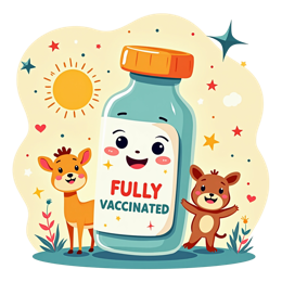 Colorful cartoon vaccine bottle with smiling deer and bear celebrating vaccination in a playful scene