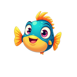 Playful cartoon fish SVG with bright blue body, yellow belly, orange fins, and underwater coral background