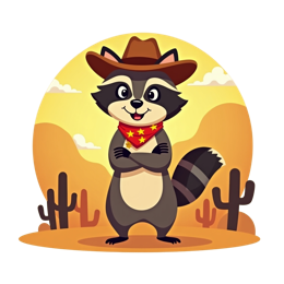Cartoon wildwest raccoon wearing cowboy hat and red bandana in desert with cacti SVG