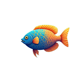 Colorful cartoon underwater fish with coral and seaweed in bright blue and orange tones