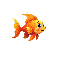 Happy orange cartoon fish swimming underwater with colorful coral, bubbles, and green seaweed in a bright playful design