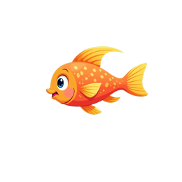 Colorful cartoon orange fish swimming underwater with bubbles, coral, and seaweed in a bright aquatic scene