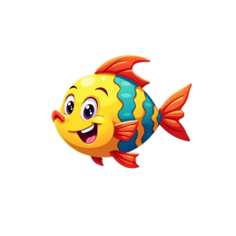 Cute cartoon yellow fish with blue and orange stripes swimming in colorful underwater coral garden SVG