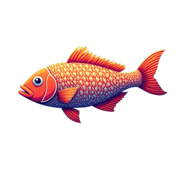 Colorful cartoon underwater fish with bright orange body swimming among vibrant coral in blue ocean background