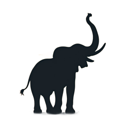 Elephant silhouette with raised trunk against orange sunset with trees and grass in silhouette style