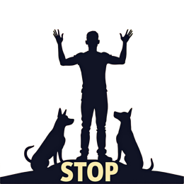 Stop silhouette design with person raising arms and two dogs on orange and yellow background