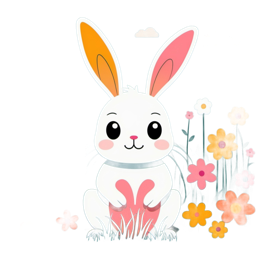 Cute cartoon white rabbit with pink and orange ears sitting in a colorful spring flower garden