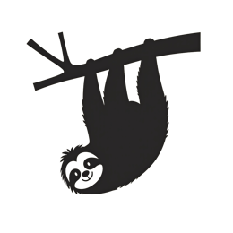 Cute cartoon sloth hanging upside down from a branch with black outline on cream background
