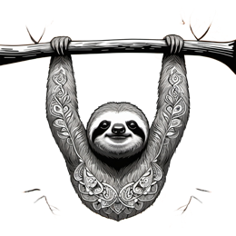 Cute sloth hanging from tree branch with black and white illustration on orange background