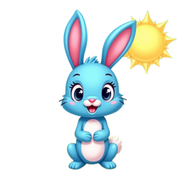 Cute cartoon spring bunny with bright blue fur and pink ears sitting in a colorful flower field under a sunny sky
