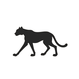 Black silhouette of a walking cat with arched tail on a light cream background, minimalist and clean design