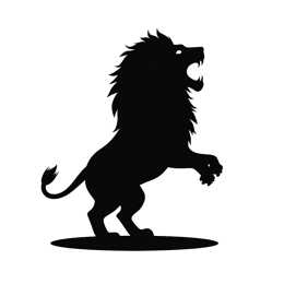 Black silhouette of a fierce leaping lion with flowing mane and open mouth on white background
