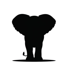 Black elephant silhouette with a small mouse near its tail on a light beige background