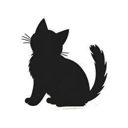 Stylized black cat silhouette sitting with bushy tail, simple and calm design on light background