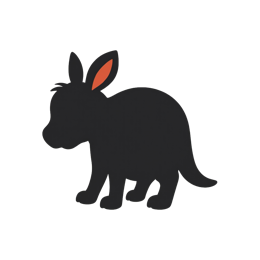 Cartoon dog silhouette with bold black outline and orange ear on white background