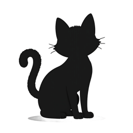 Minimalist black cat silhouette sitting calmly with curled tail on white background