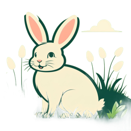 Cute cartoon white rabbit with pink ears sitting in green grass with flowers and a bright background