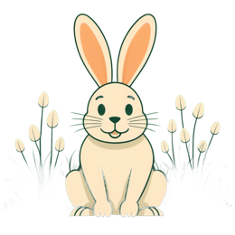 Cute cartoon white rabbit sitting on green grass with happy expression SVG design