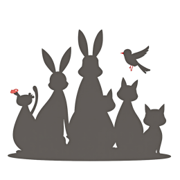 Animal silhouette SVG with three rabbits, two cats, and a red bird on a light background