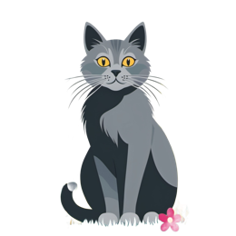 Cute gray cat with yellow eyes sitting in a colorful flower garden cartoon SVG design