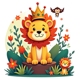Playful cartoon lion with crown, lion cub, flying monkey, and colorful flowers in bright cheerful colors