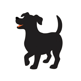 Playful black dog silhouette with orange tongue on beige background, simple cartoon style for crafts