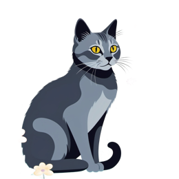Cartoon gray cat with yellow eyes sitting among colorful pink, orange, and purple flowers in a flat floral SVG design