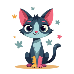 Cute colorful cartoon cat with bright fur and playful paws in a cheerful design