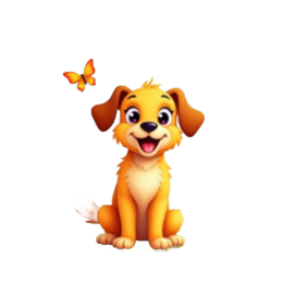 Happy cartoon dog with golden fur sitting on grass with colorful flowers and butterflies in a bright blue sky