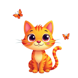 Cute cartoon orange cat with butterflies and colorful flowers in a bright garden scene