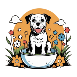 Happy dog cartoon sitting in bowl with colorful flowers, grass, sun, and clouds in outdoor scene