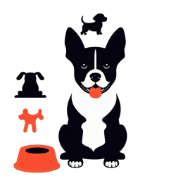 Colorful cartoon dog SVG with black and white dog, yellow and green dogs, dog bone, bowl, and ball in flat style