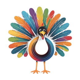 Colorful cartoon peacock SVG with bright feathers in blue, green, yellow, red, orange, and purple on black background