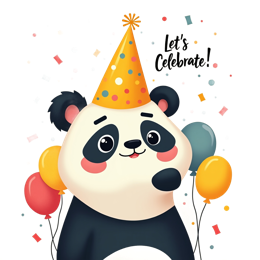 Cute cartoon panda wearing a yellow party hat holding colorful balloons with confetti background