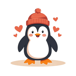 Cute cartoon penguin wearing orange knitted hat with pom-pom surrounded by red hearts on beige background