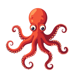 Bright red cartoon octopus with eight curling tentacles and big eyes on a pale background