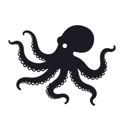 Black octopus silhouette with eight curled tentacles and suction cups on a beige background