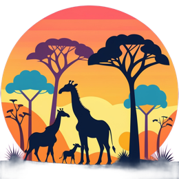 Silhouette of giraffe family and trees at sunset with vibrant orange, purple, and yellow sky