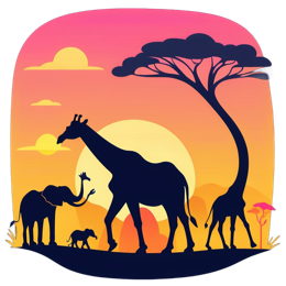 Animal sunset silhouette with elephant, giraffes, and baby giraffe in orange and pink sunset colors