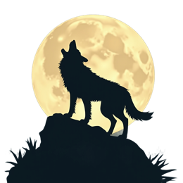 Silhouetted wolf howling at glowing full moon with dark forest background digital SVG design