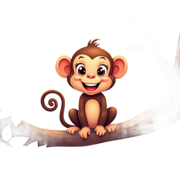 Cheerful cartoon monkey sitting on tree branch with colorful flowers and yellow butterfly in bright nature scene